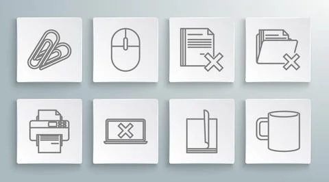 Set line Printer, Computer mouse, Laptop and cross mark on screen, File docum Stock Illustration
