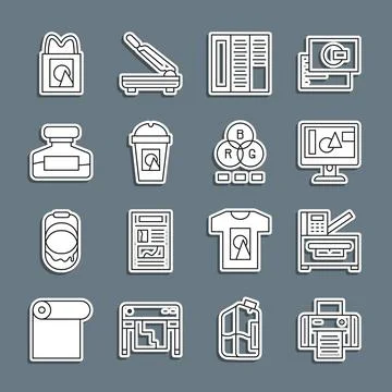 Set line Printer, Copy machine, Computer monitor screen, Brochure, Coffee cup go Stock Illustration