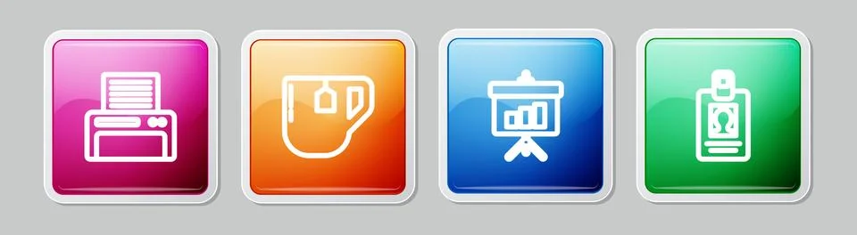 Set line Printer, Cup of tea with tea bag, Chalkboard diagram and Identific.. Stock Illustration