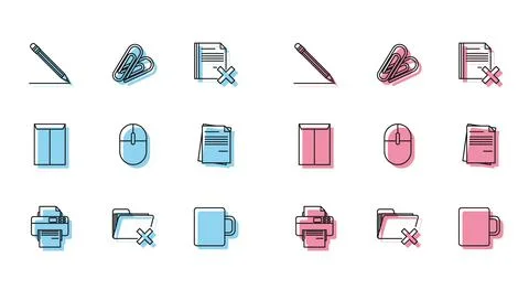 Set line Printer, Delete folder, Pencil with eraser and line, Coffee cup 스톡 일러스트