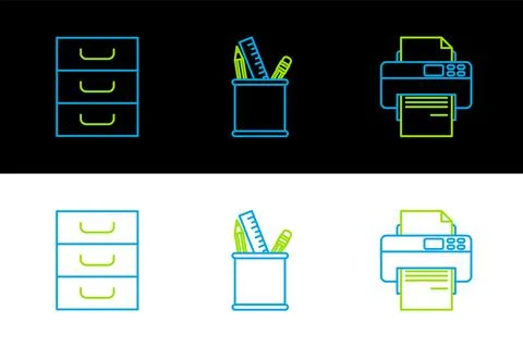 Set line Printer, Drawer with documents and Pencil case stationery icon. Vector Stock Illustration