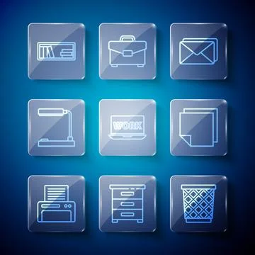 Set line Printer, Drawer with documents, Trash can, Envelope, Laptop text w.. Stock Illustration