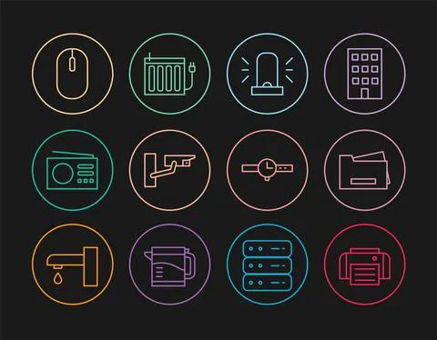 Set line Printer, Flasher siren, Security camera, Radio, Computer mouse, Wrist Stock Illustration