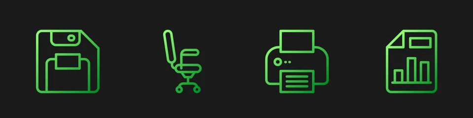 Set line Printer, Floppy disk, Office chair and Document with graph chart イラスト素材