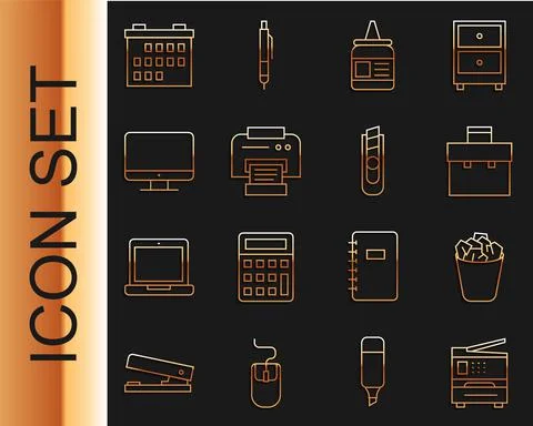Set line Printer, Full trash can, Briefcase, Glue, Computer monitor screen Stockillustratie