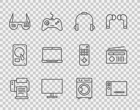 Set line Printer, Graphic tablet, Headphones, Computer monitor screen, Smar.. Stock Illustration