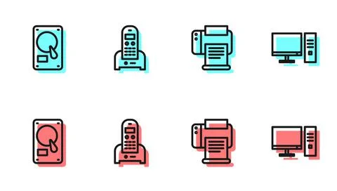 Set line Printer, Hard disk drive HDD, Telephone and Computer monitor icon Stock Illustration