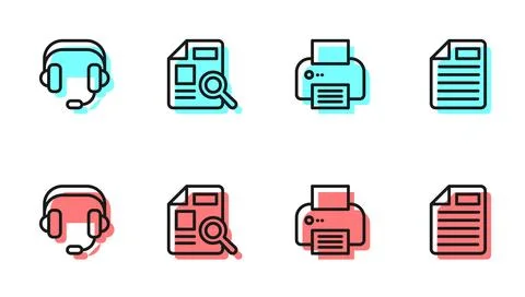 Set line Printer, Headphones, Document with graph chart and File document i.. イラスト素材