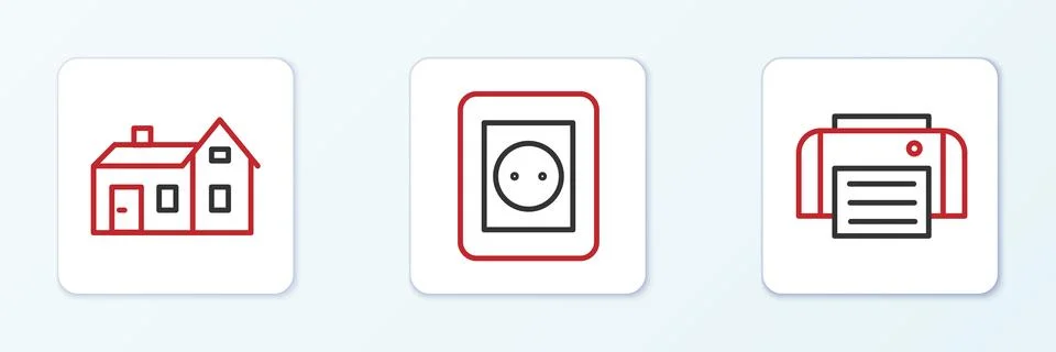Set line Printer, House and Electrical outlet icon. Vector Stock Illustration