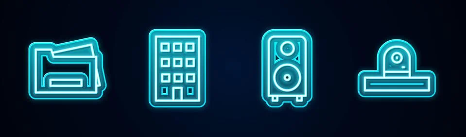 Set line Printer, House, Stereo speaker and Security camera. Glowing neon icon 스톡 일러스트