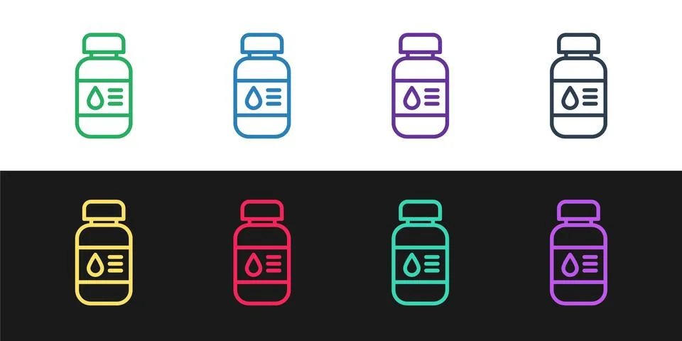 Set line Printer ink bottle icon isolated on black and white background. Vector Illustrazione stock