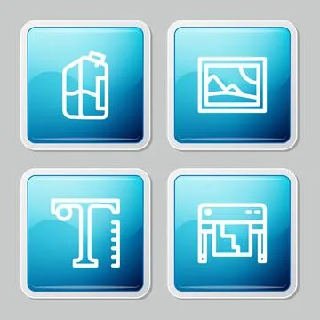 Set line Printer ink bottle, Picture landscape, Text and Plotter icon. Vector Illustrazione stock
