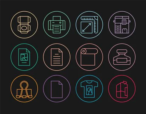 Set line Printer ink bottle, Ink, Paper size, File document, Carton cardboard Stock Illustration