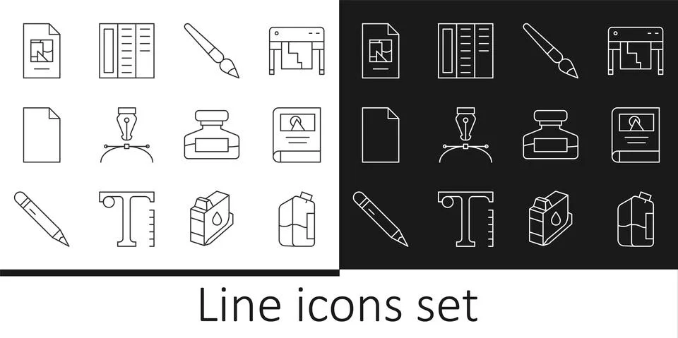 Set line Printer ink bottle, Photo album gallery, Paint brush, Fountain pen nib Stock Illustration