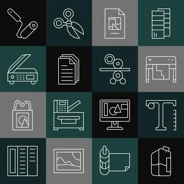 Set line Printer ink bottle, Text, Plotter, File document, Scanner, Paint roller Ilustración de archivo