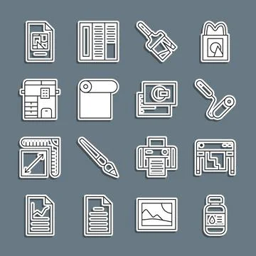 Set line Printer ink bottle, Plotter, Paint roller brush, Roll of paper, Copy Ilustración de archivo