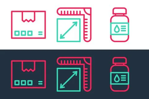 Set line Printer ink bottle, Carton cardboard box and Paper size icon. Vector Stock Illustration