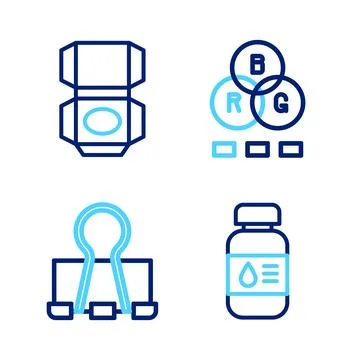 Set line Printer ink bottle, Binder clip, RGB color mixing and Carton cardb.. Stock Illustration