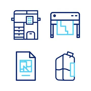 Set line Printer ink bottle, File document, Plotter and Copy machine icon. .. Ilustración de archivo