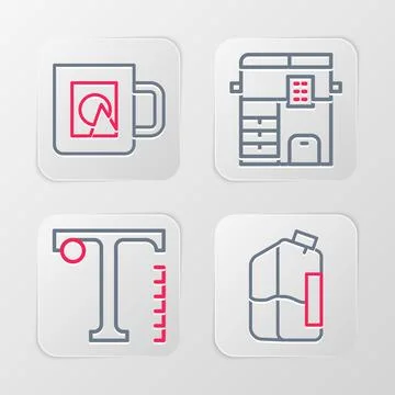 Set line Printer ink bottle, Text, Copy machine and Coffee cup icon. Vector 스톡 일러스트