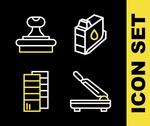 Set line Printer ink cartridge, Paper cutter, Pantone and Stamp icon. Vector Stock Illustration