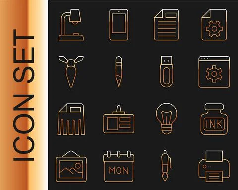 Set line Printer, Inkwell, Browser setting, File document, Pencil, Tie, Table Stock Illustration
