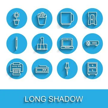 Set line Printer, Keyboard, Flower pot, Push pin, Drawer with documents, Binder Illustrazione stock