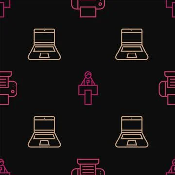 Set line Printer, Laptop and Stage stand or tribune on seamless pattern. Vector Stock Illustration