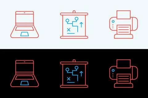 Set line Printer, Laptop and Planning strategy concept icon. Vector Stock Illustration