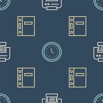 Set line Printer, Office folders and Clock on seamless pattern. Vector Stock Illustration