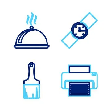 Set line Printer, Paint brush, Wrist watch and Covered with tray of food icon 스톡 일러스트