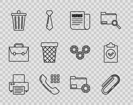 Set line Printer, Paper clip, News, Telephone handset, Trash can, Folder se.. Stock Illustration