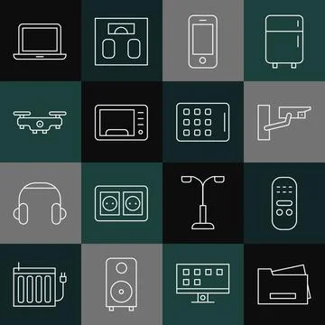 Set line Printer, Remote control, Security camera, Smartphone, Microwave oven Stock Illustration
