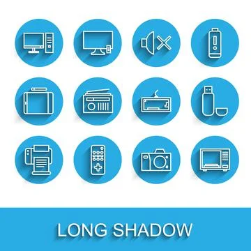 Set line Printer, Remote control, Computer monitor, Photo camera, Microwave oven Stock Illustration