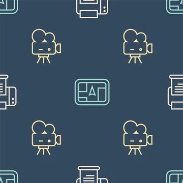 Set line Printer, Retro cinema camera and Gps device with map on seamless 스톡 일러스트