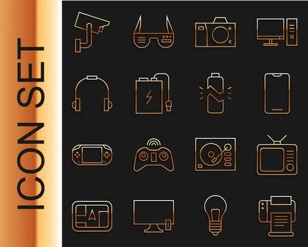 Set line Printer, Retro tv, Smartphone, mobile phone, Photo camera, Power bank Stock Illustration