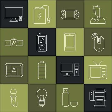 Set line Printer Retro tv Wireless computer mouse Portable video game console Stock Illustration