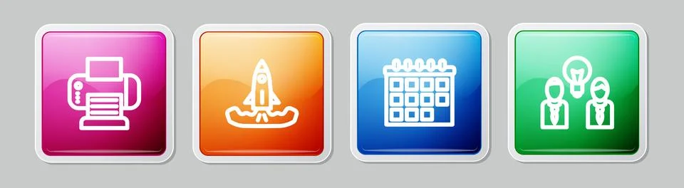 Set line Printer, Rocket, Calendar and People with lamp bulb. Colorful square 스톡 일러스트