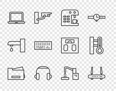 Set line Printer, Router and wi-fi signal, Coffee machine, Headphones, Lapt.. Stock Illustration