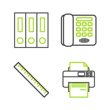 Set line Printer, Ruler, Telephone and Office folders with papers and documents イラスト素材