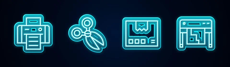 Set line Printer, Scissors, Carton cardboard box and Plotter. Glowing neon icon Stock Illustration