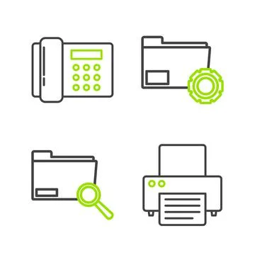 Set line Printer, Search concept with folder, Folder settings gears and Illustrazione stock