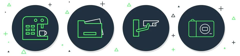 Set line Printer, Security camera, Coffee machine and Photo icon. Vector Stock Illustration