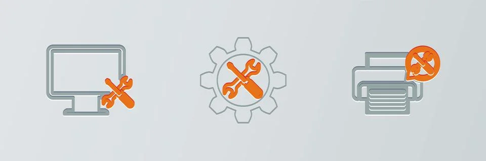 Set line Printer service, Computer monitor and Wrench and screwdriver gear icon Stock Illustration