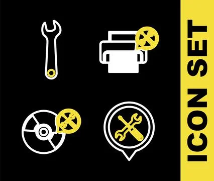 Set line Printer service, Location, CD or DVD disk and Wrench icon. Vector Stock Illustration