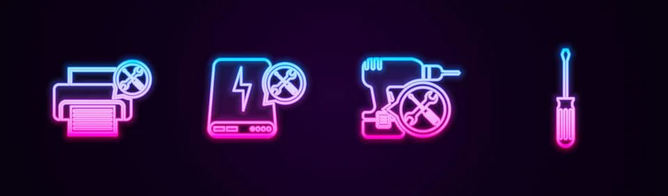 Set line Printer service, Power bank, Drill machine and Screwdriver. Glowing  Stock Illustration