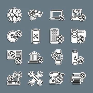 Set line Printer service, USB flash drive, Video camera, Laptop, Smartphone.. Stock Illustration