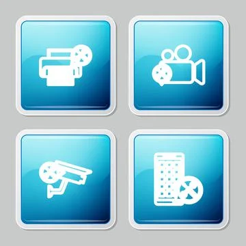 Set line Printer service, Video camera, Security and Mobile Apps icon. Vector Stock Illustration