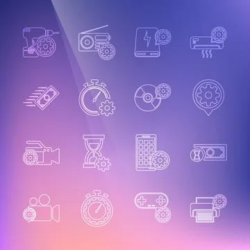 Set line Printer setting, Fast payments, Setting, Power bank, Time management Stock Illustration