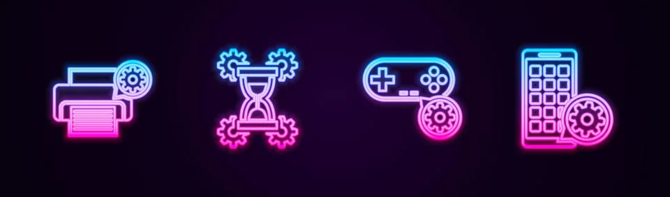 Set line Printer setting, Hourglass, Gamepad and Mobile Apps. Glowing neon icon イラスト素材